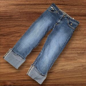 Baby Phat Cropped Denim Low Rise Cat Logo Jeans with Cuffed Hem